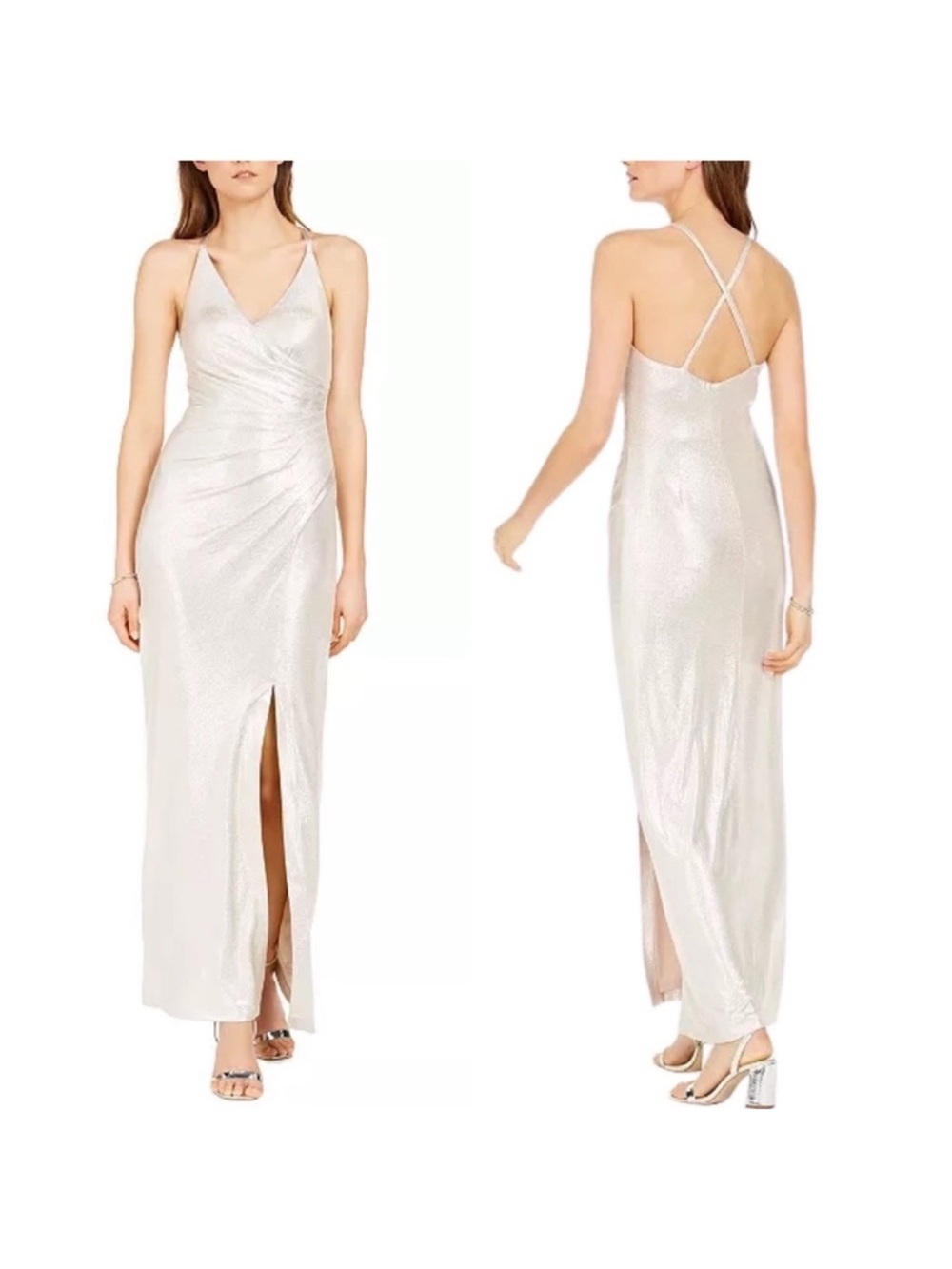 Eliza J. Metallic Dress Silver Ruched Maxi Formal Floor Length Gown NEW